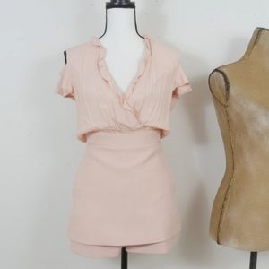 Maje Rose Pink One Piece Skort Romper V Neck Ruffle Cut Out Short Sleeve Romper